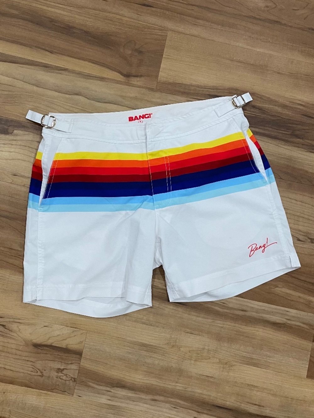 BANG Miami Sunset Stripes Tailored Swim Shorts White Rainbow Size M
